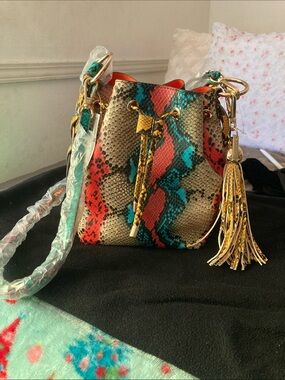 Aldo Teal, Red and Yellow Snake-Print Mini Bucket Bag with Gold Tassel